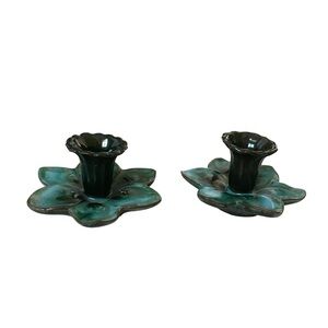 BLUE MOUNTAIN POTTERY Vintage MCM Set of 2 Handmade Flower Candlestick Holders